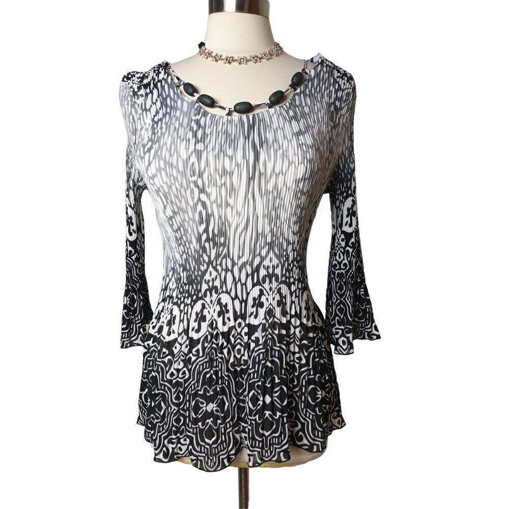 Women's Blouse Black White Large Dressy Beaded Yoke 3/4 Sleeve Top NWT